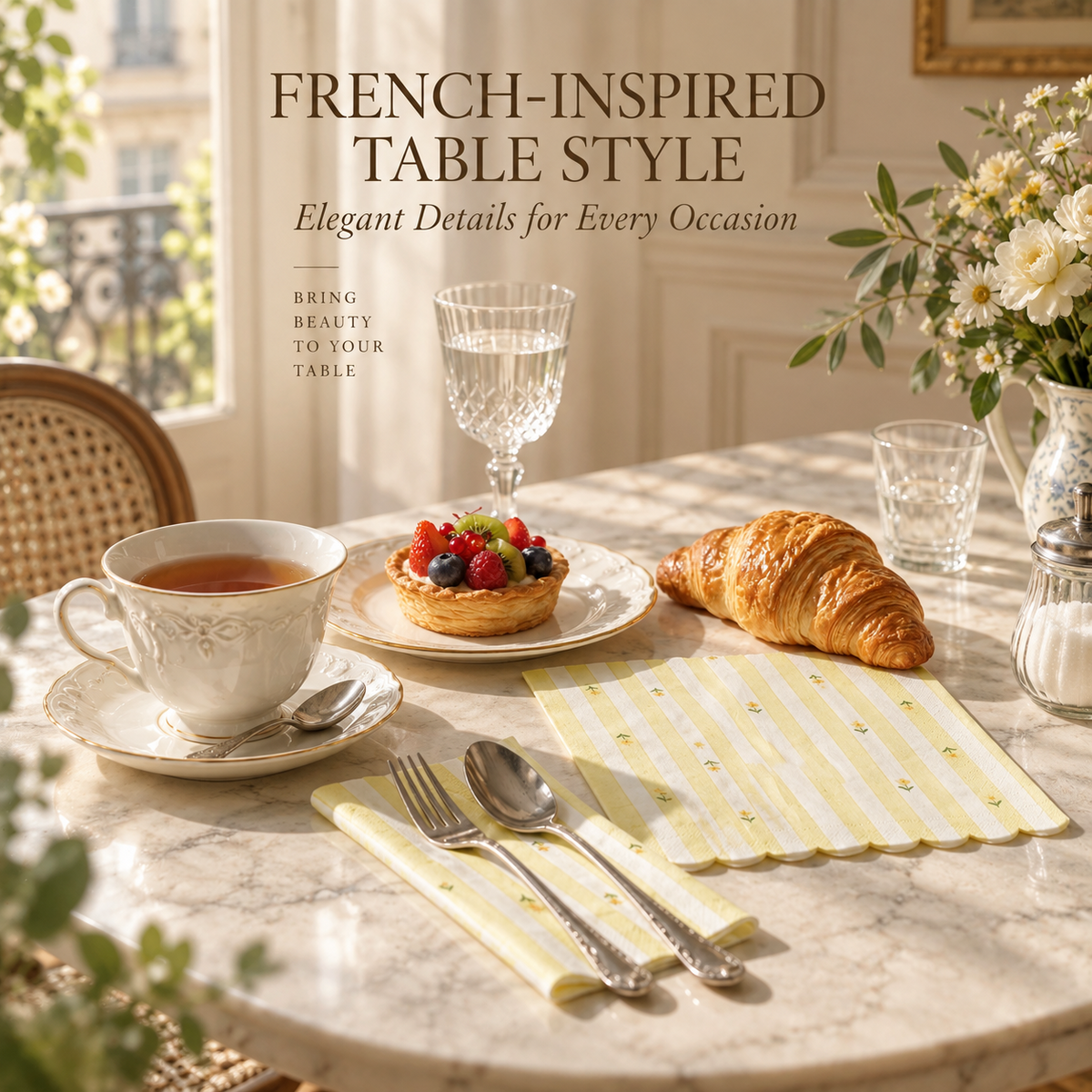 Yellow floral paper napkins on French inspired table